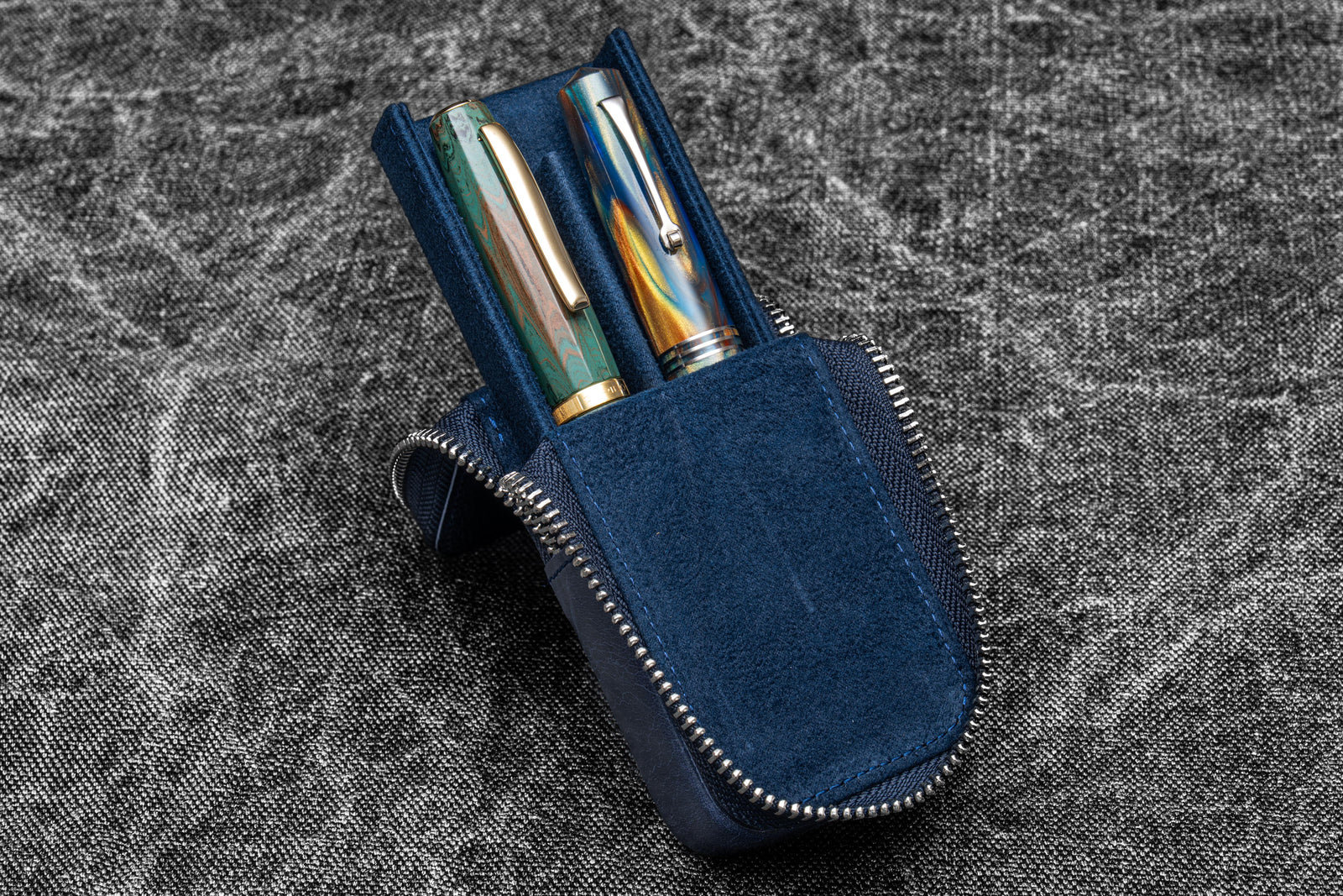 Leather Zippered Magnum Opus 2 Slots Hard Pen Case with Removable Pen Tray - Crazy Horse Navy Blue