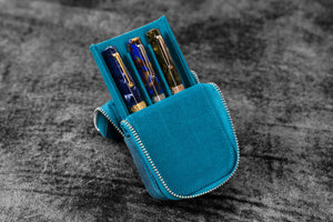 Leather Zippered Magnum Opus 3 Slots Hard Pen Case with Removable Pen Tray - C. H. Ocean Blue