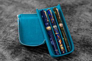 Leather Zippered Magnum Opus 3 Slots Hard Pen Case with Removable Pen Tray - C. H. Ocean Blue