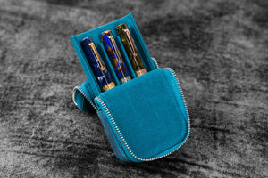 Leather Zippered Magnum Opus 3 Slots Hard Pen Case with Removable Pen Tray - C. H. Ocean Blue