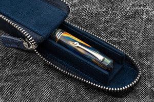 Leather Zippered Magnum Opus Single Hard Pen Case For Oversized Pens & Namiki Emperor - Crazy Horse Navy Blue