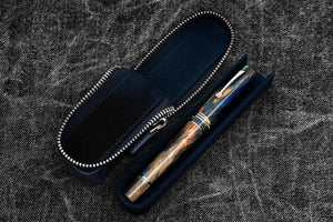 Leather Zippered Magnum Opus Single Hard Pen Case For Oversized Pens & Namiki Emperor - Crazy Horse Navy Blue