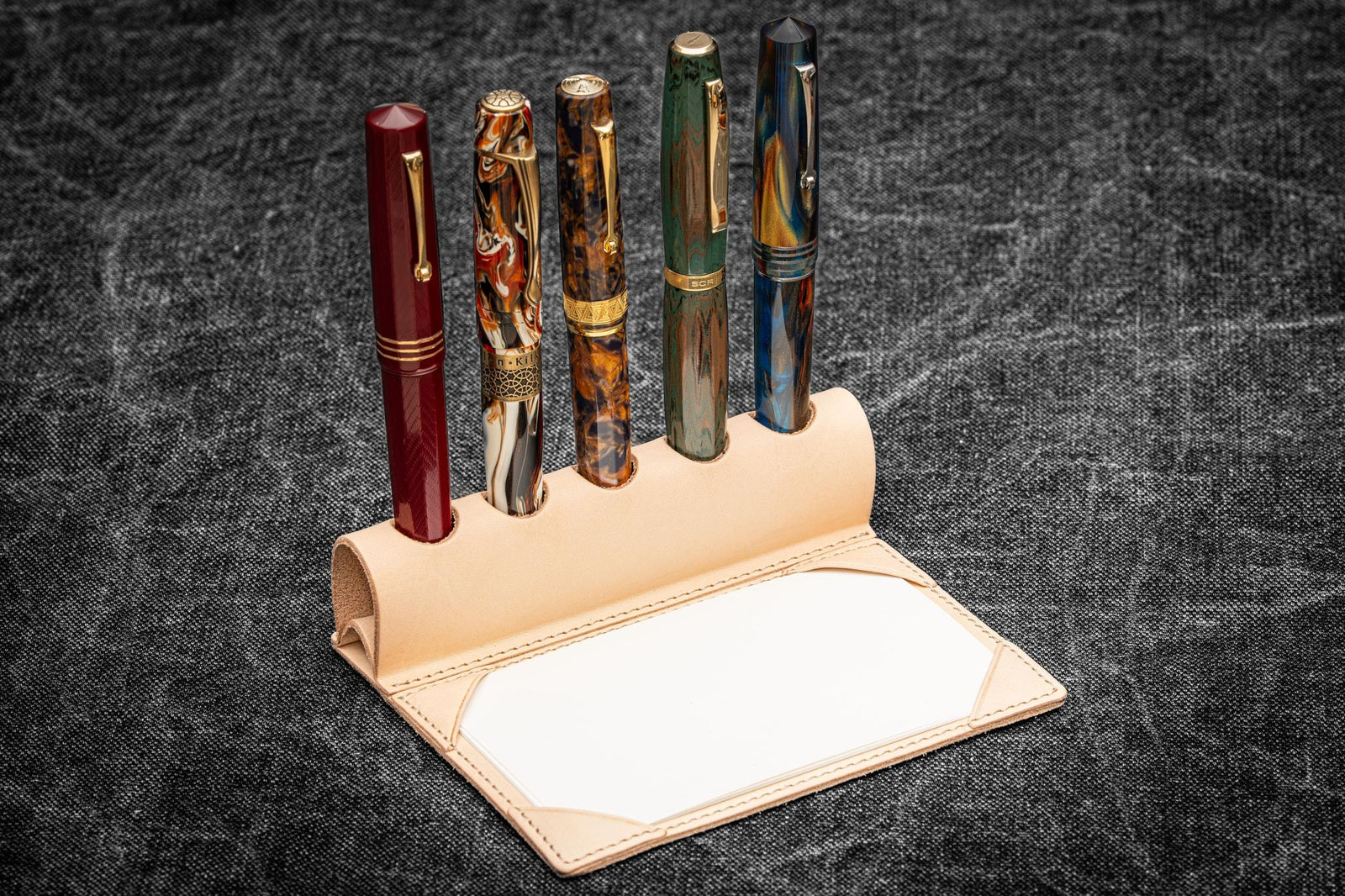 The Writer’s Pen Dock - 5 Slots Pen Stand with Notepad Holder - Undyed Leather