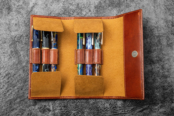 Leather Zippered 6 Slots Pen Case - Crazy Horse Brown - Galen Leather