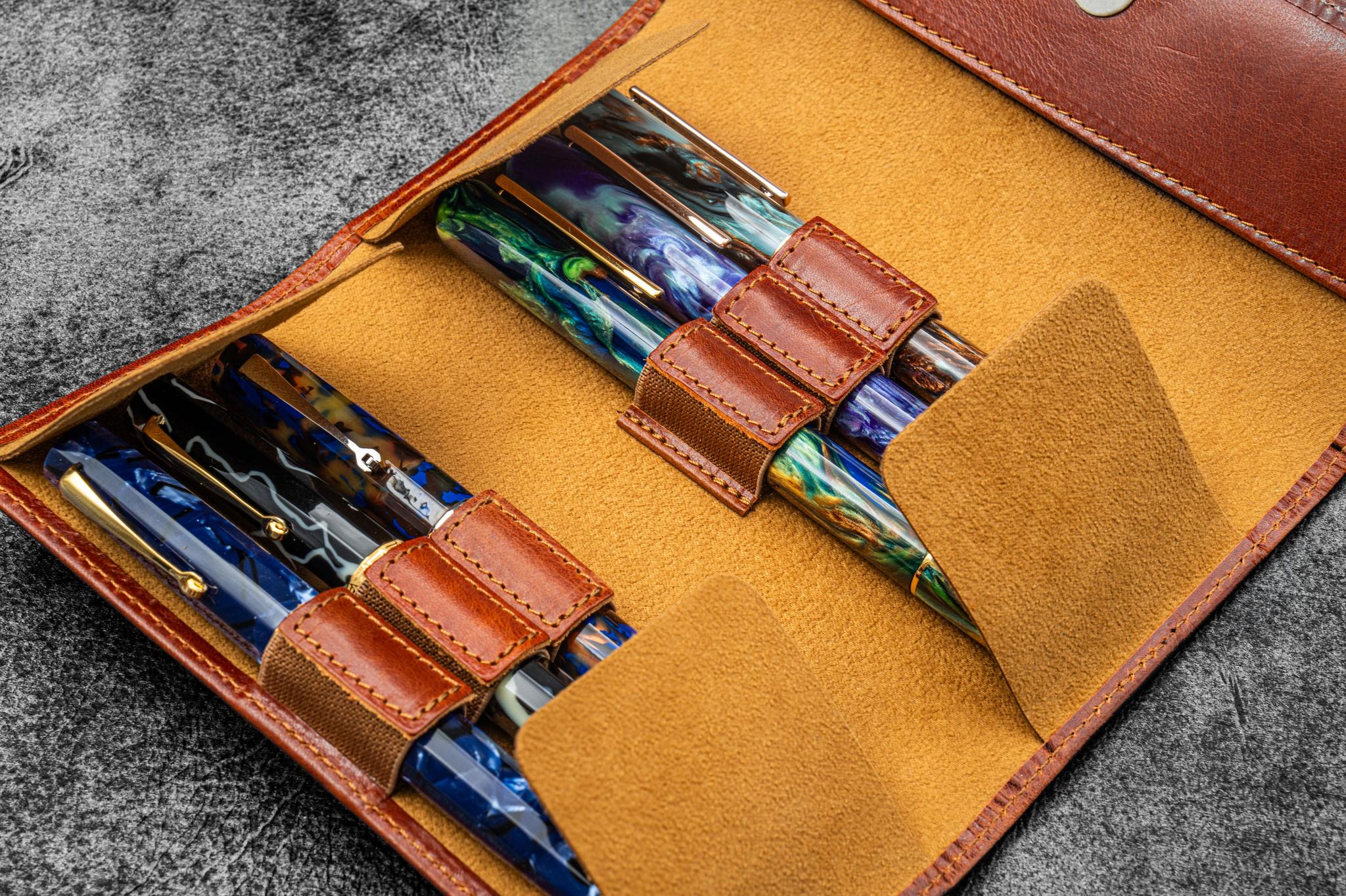 Leather Zippered 6 Slots Pen Case - Crazy Horse Brown - Galen Leather