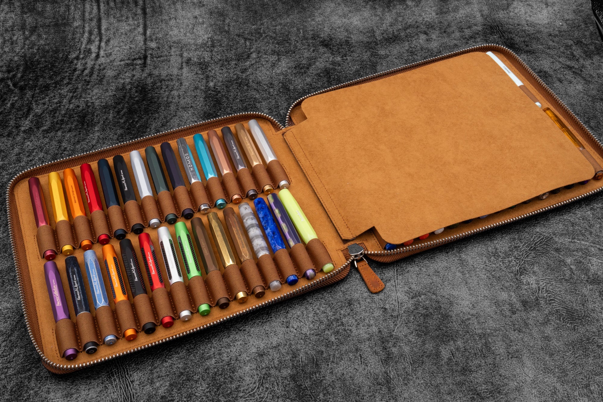 Handmade Leather Zippered 10 Slots Pen Case - Black - Galen Leather