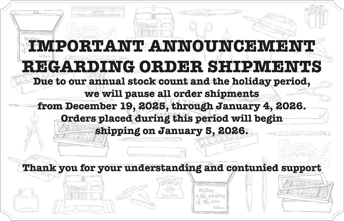 Announcement about paused order shipments due to stock count and holiday period, with black text on a white background.