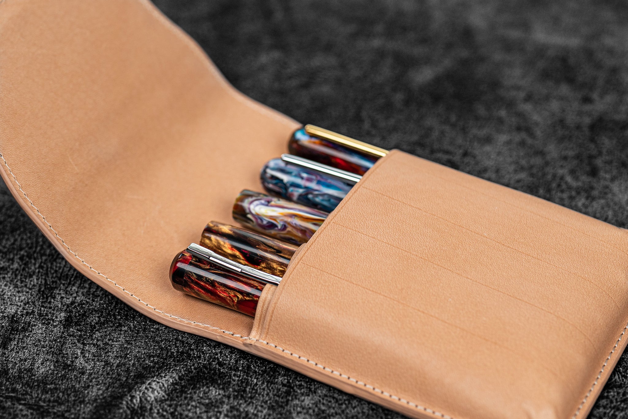 Leather pen case with flap closure over for 2 pens