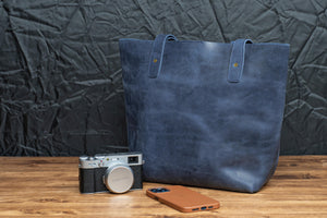 Leather Tote Bag - Crazy Horse Navy Blue