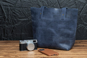 Leather Tote Bag - Crazy Horse Navy Blue