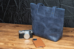 Leather Tote Bag - Crazy Horse Navy Blue