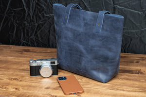 Leather Tote Bag - Crazy Horse Navy Blue