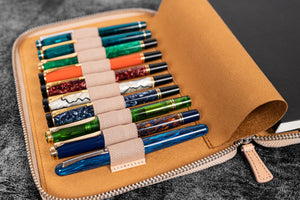 Leather Zippered 10 Slots Pen Case with A5 Notebook Holder - Undyed Leather