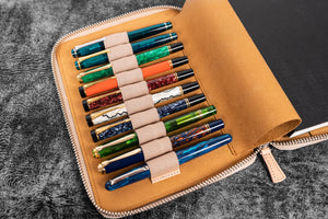 Leather Zippered 10 Slots Pen Case with A5 Notebook Holder - Undyed Leather