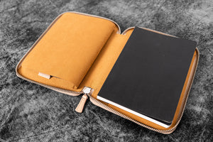 Leather Zippered 10 Slots Pen Case with A5 Notebook Holder - Undyed Leather