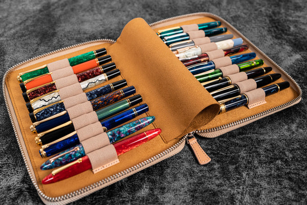 Leather Zippered 20 Slots Pen Case - Undyed - Galen Leather