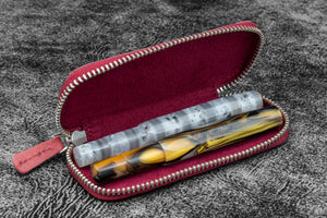 Leather Zippered Double Pen Case for Kaweco - Pocket Pen - Carmine Red-