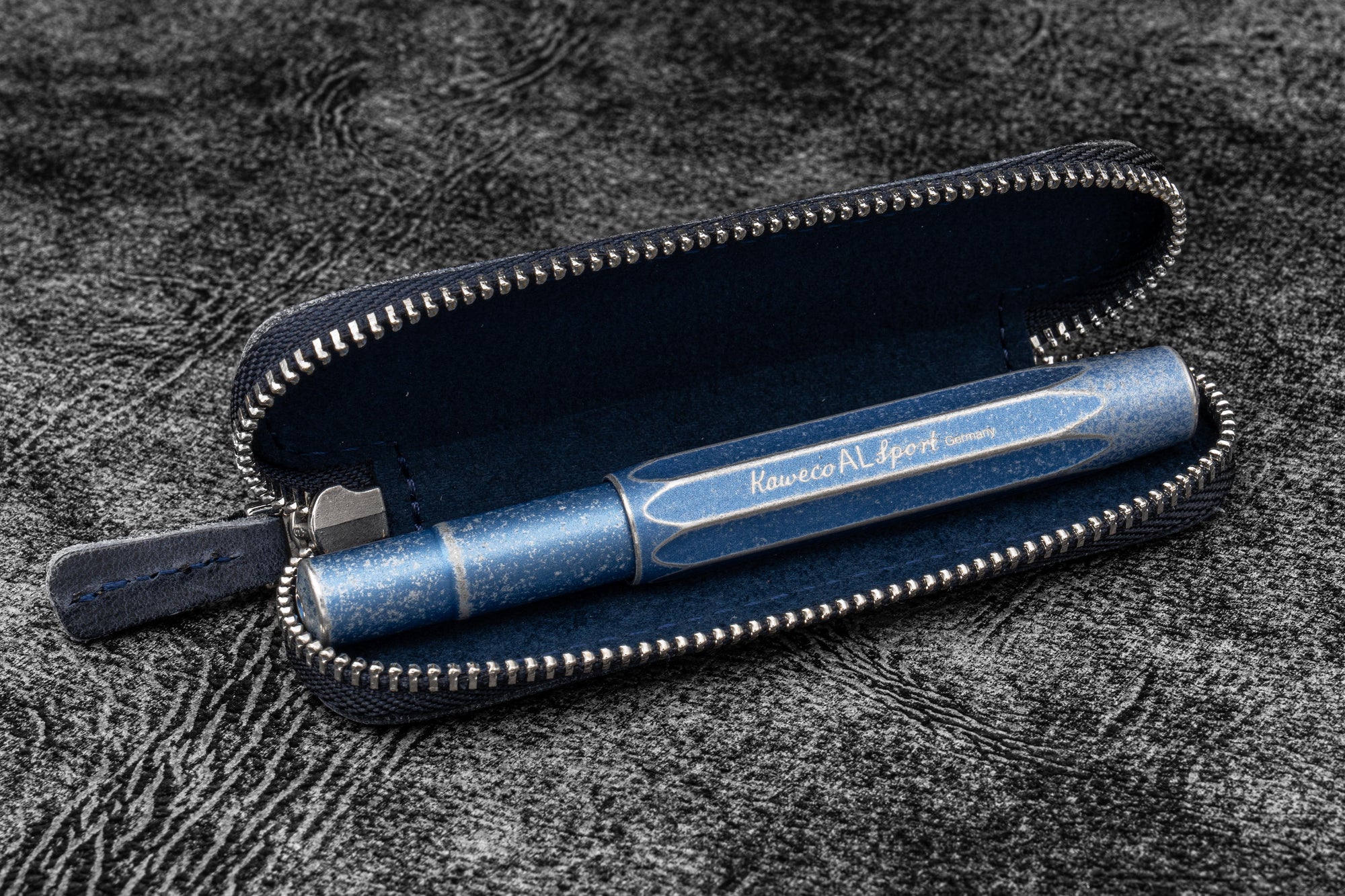 Leather Zippered Single Pen Case for Kaweco - Pocket Pen - C. H. Navy Blue-