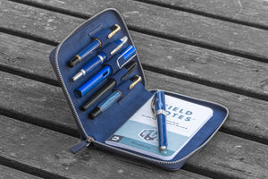 Leather Zippered 5 Slots Pen Case - Navy Blue