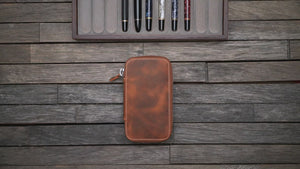 Leather Zippered 6 Slots Pen Case - Crazy Horse Brown