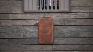 Leather Zippered 6 Slots Pen Case - Brown