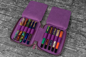 Leather Zippered 10 Slots Pen Case - Purple