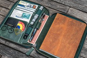 Handmade Crazy Horse Forest Green Leather Zippered B6 / B6 Slim Planner & Notebook Folio - Galen Leather