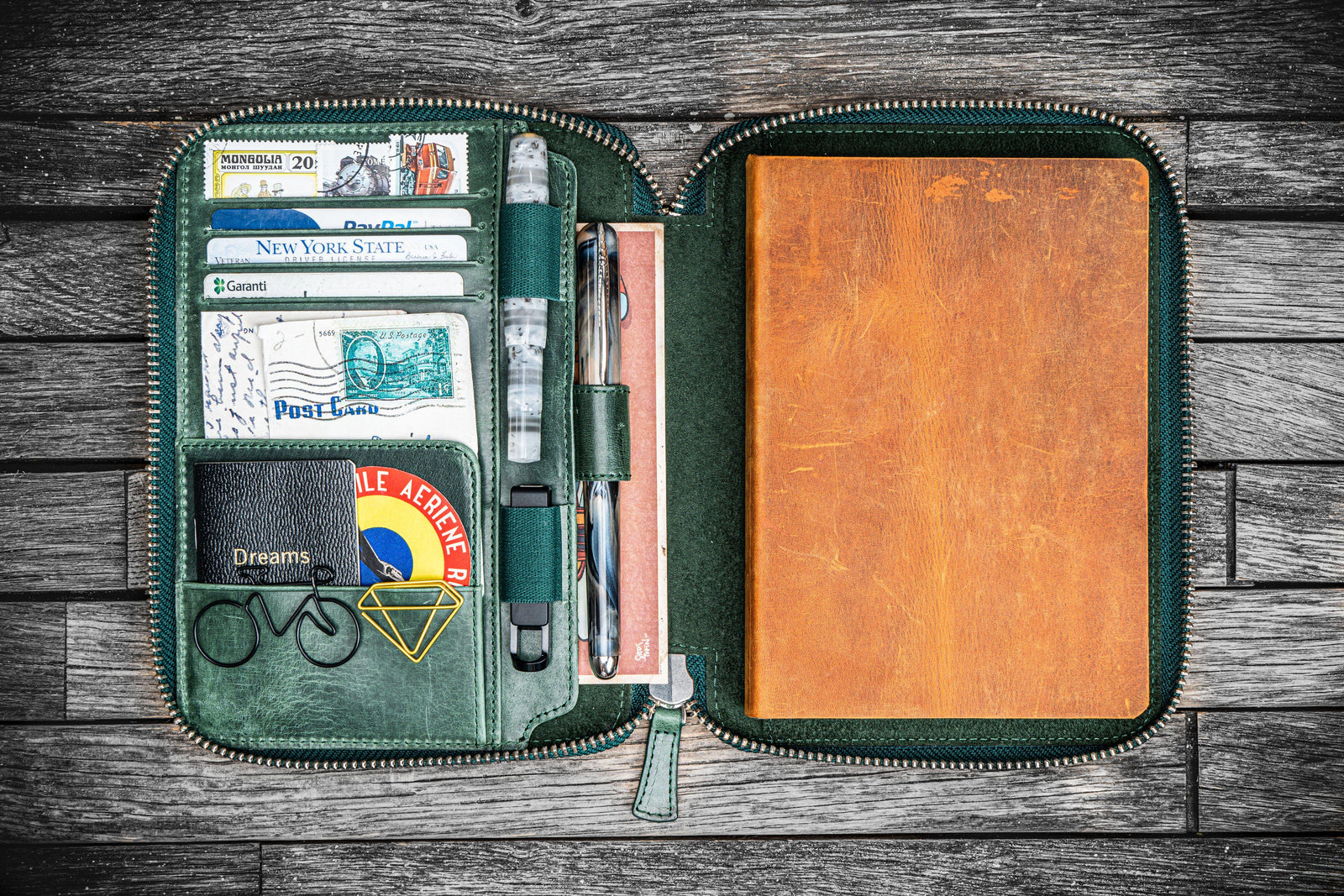 Handmade Crazy Horse Forest Green Leather Zippered B6 / B6 Slim Planner & Notebook Folio - Galen Leather