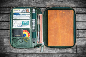 Handmade Crazy Horse Forest Green Leather Zippered B6 / B6 Slim Planner & Notebook Folio - Galen Leather
