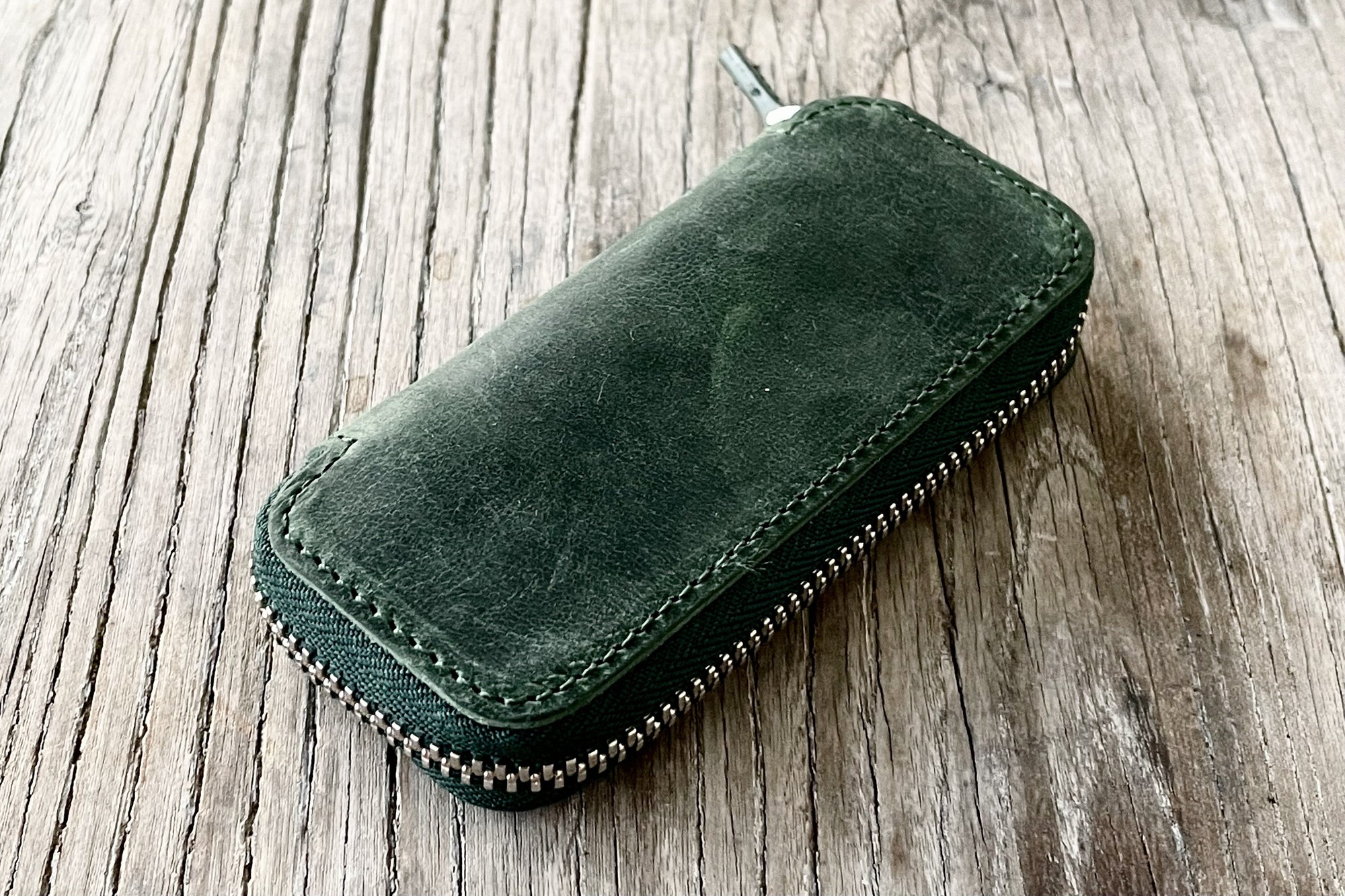 Leather Zippered Double Pen Case for Kaweco - Pocket Pen - Crazy Horse Forest Green