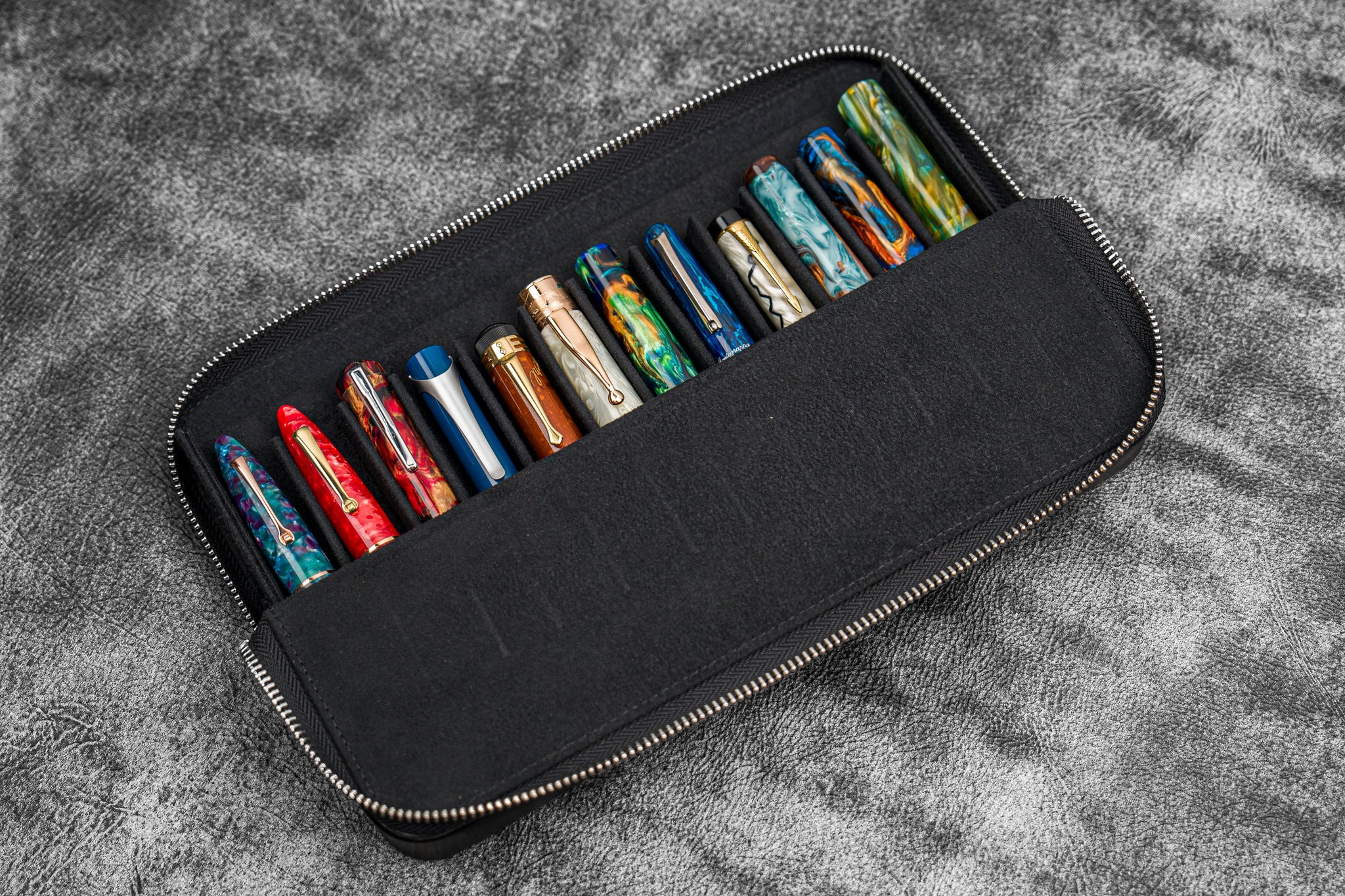 Leather Zippered Magnum Opus 12 Slots Hard Pen Case with Removable Pen ...