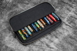 Leather Zippered Magnum Opus 12 Slots Hard Pen Case with Removable Pen Tray - Black