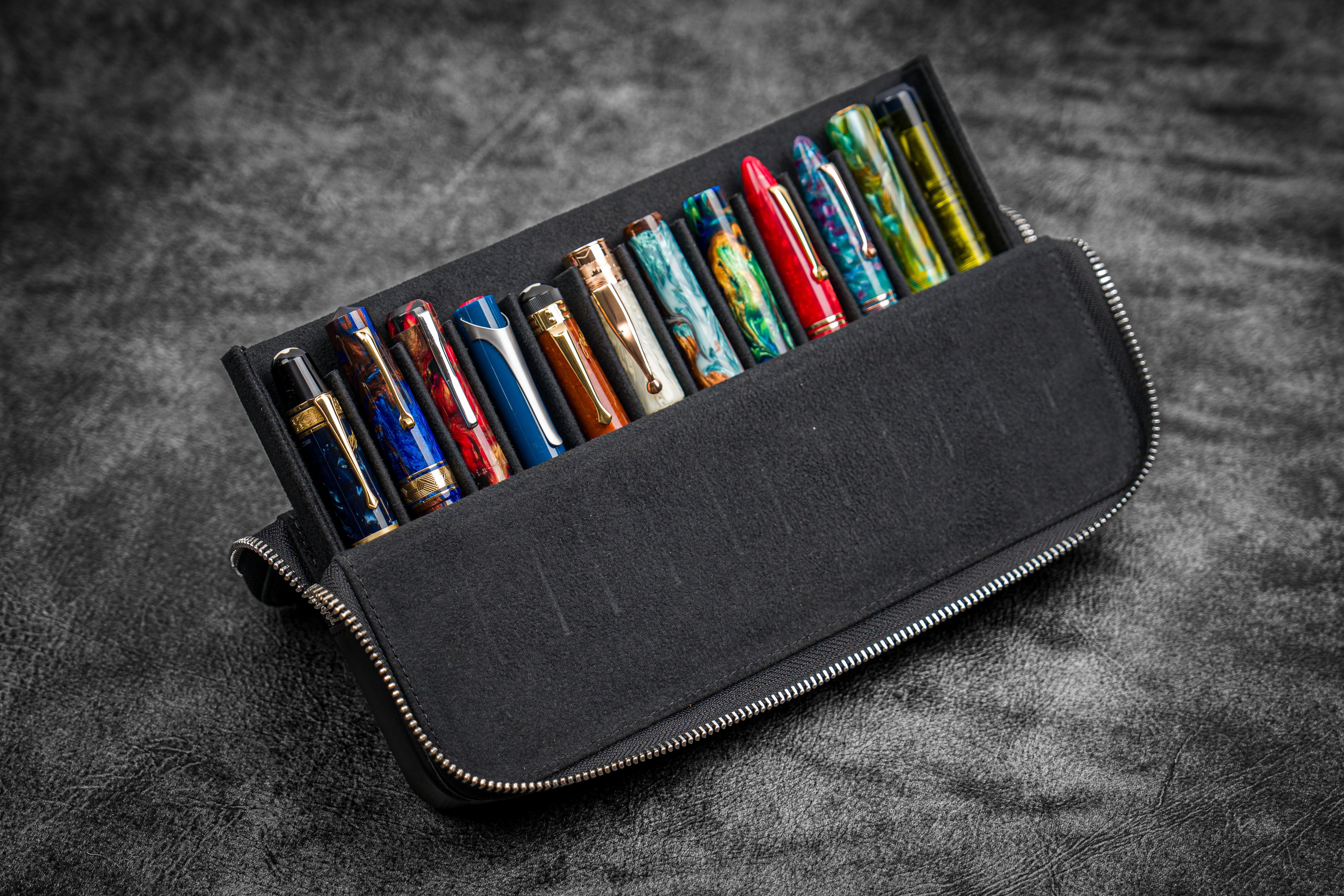 Leather Zippered Magnum Opus 12 Slots Hard Pen Case with Removable