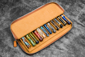 Leather Zippered Magnum Opus 12 Slots Hard Pen Case with Removable Pen Tray - Crazy Horse Brown