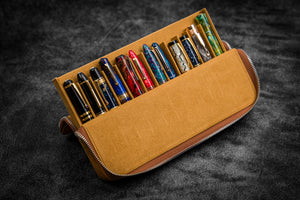 Leather Zippered Magnum Opus 12 Slots Hard Pen Case with Removable Pen Tray - Crazy Horse Brown