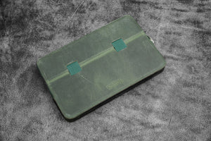 Leather Zippered Magnum Opus 12 Slots Hard Pen Case with Removable Pen Tray - Crazy Horse Forest Green