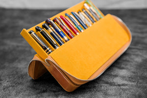 Leather Zippered Magnum Opus 12 Slots Hard Pen Case with Removable Pen Tray - Crazy Horse Honey Ochre