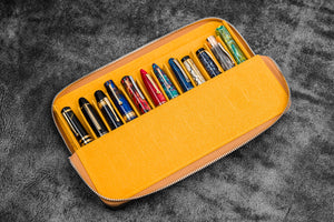 Leather Zippered Magnum Opus 12 Slots Hard Pen Case with Removable Pen Tray - Crazy Horse Honey Ochre
