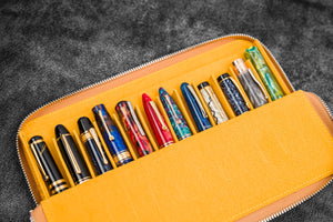 Leather Zippered Magnum Opus 12 Slots Hard Pen Case with Removable Pen Tray - Crazy Horse Honey Ochre