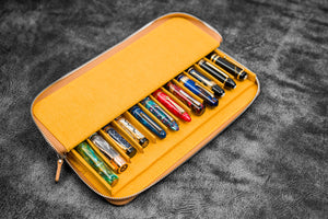 Leather Zippered Magnum Opus 12 Slots Hard Pen Case with Removable Pen Tray - Crazy Horse Honey Ochre