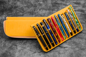 Leather Zippered Magnum Opus 12 Slots Hard Pen Case with Removable Pen Tray - Crazy Horse Honey Ochre