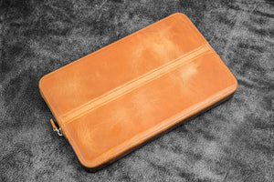 Leather Zippered Magnum Opus 12 Slots Hard Pen Case with Removable Pen Tray - Crazy Horse Honey Ochre