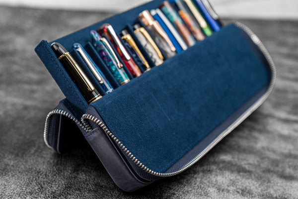 Navy Blue Leather Hard Pen Case with Removable 6 Slots Pen Tray - Galen  Leather