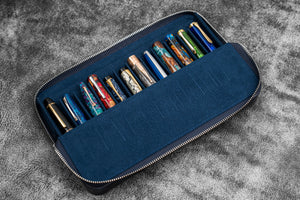 Leather Zippered Magnum Opus 12 Slots Hard Pen Case with Removable Pen Tray - Crazy Horse Navy Blue