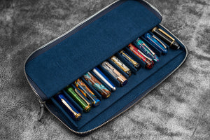 Leather Zippered Magnum Opus 12 Slots Hard Pen Case with Removable Pen Tray - Crazy Horse Navy Blue