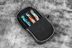 Leather Zippered Magnum Opus 3 Slots Hard Pen Case with Removable Pen Tray - Black