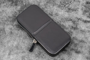 Leather Zippered Magnum Opus 3 Slots Hard Pen Case with Removable Pen Tray - Black