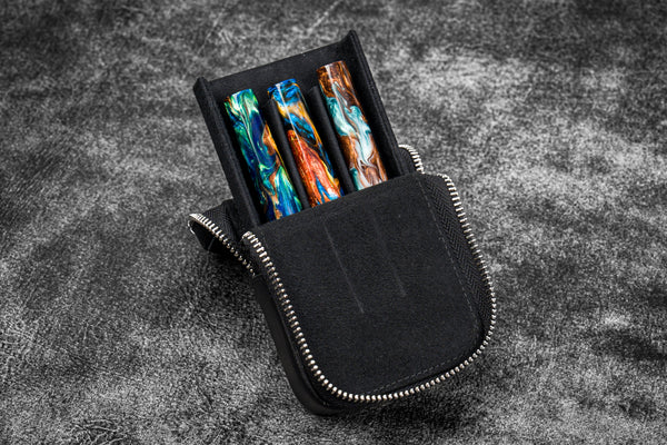 Leather Zippered Magnum Opus 3 Slots Hard Pen Case with Removable