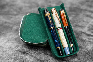 Leather Zippered Magnum Opus 3 Slots Hard Pen Case with Removable Pen Tray - Crazy Horse Forest Green