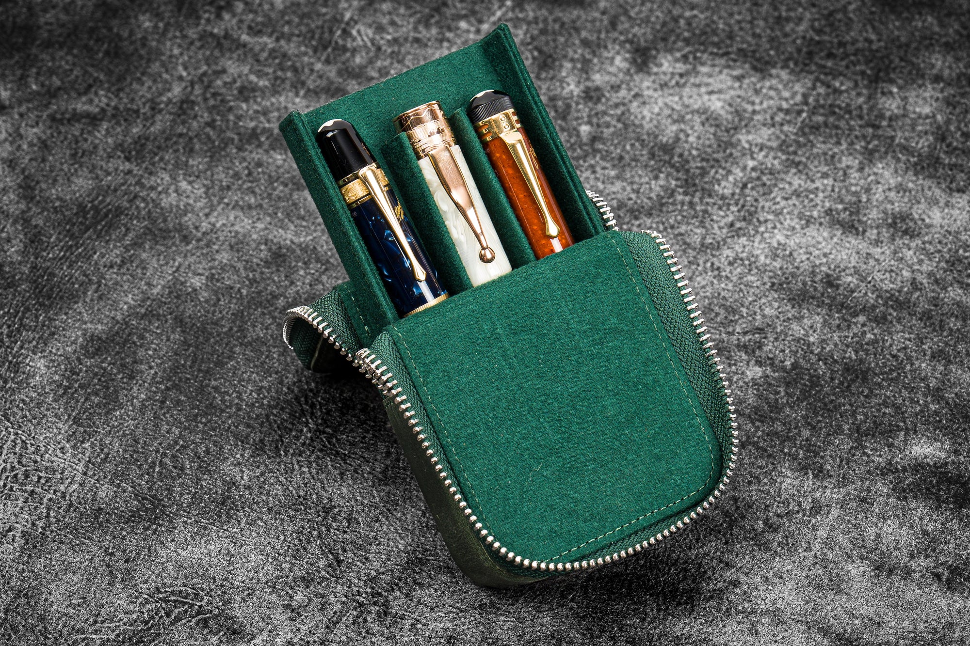 Leather Zippered Magnum Opus 3 Slots Hard Pen Case with Removable Pen Tray - Crazy Horse Forest Green